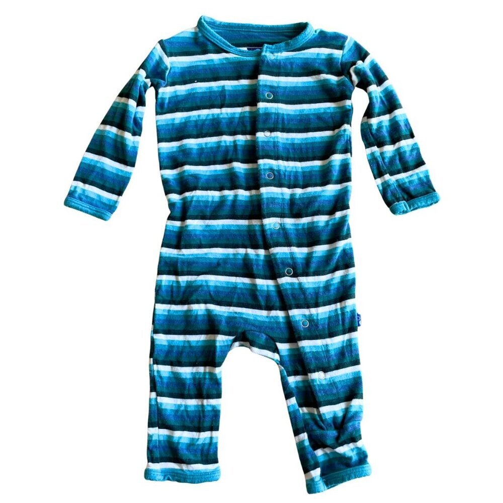KicKee Pants Bamboo‎ Coverall w/ Snaps Romper PJs Outfit, Blue & White, 0-3 Mo.